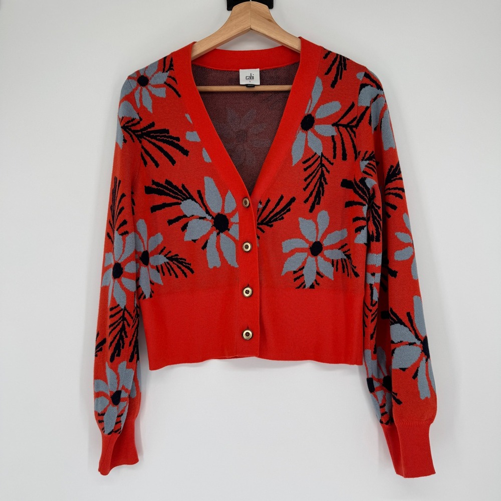 Cabi Cardigan Sweater Womens S Red Floral Knit Button Front Whimsical Boho